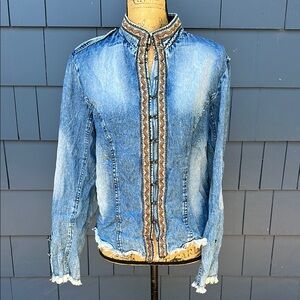 Nostalgia Blue Denim Jacket with Brown Trim XL hook eye closure